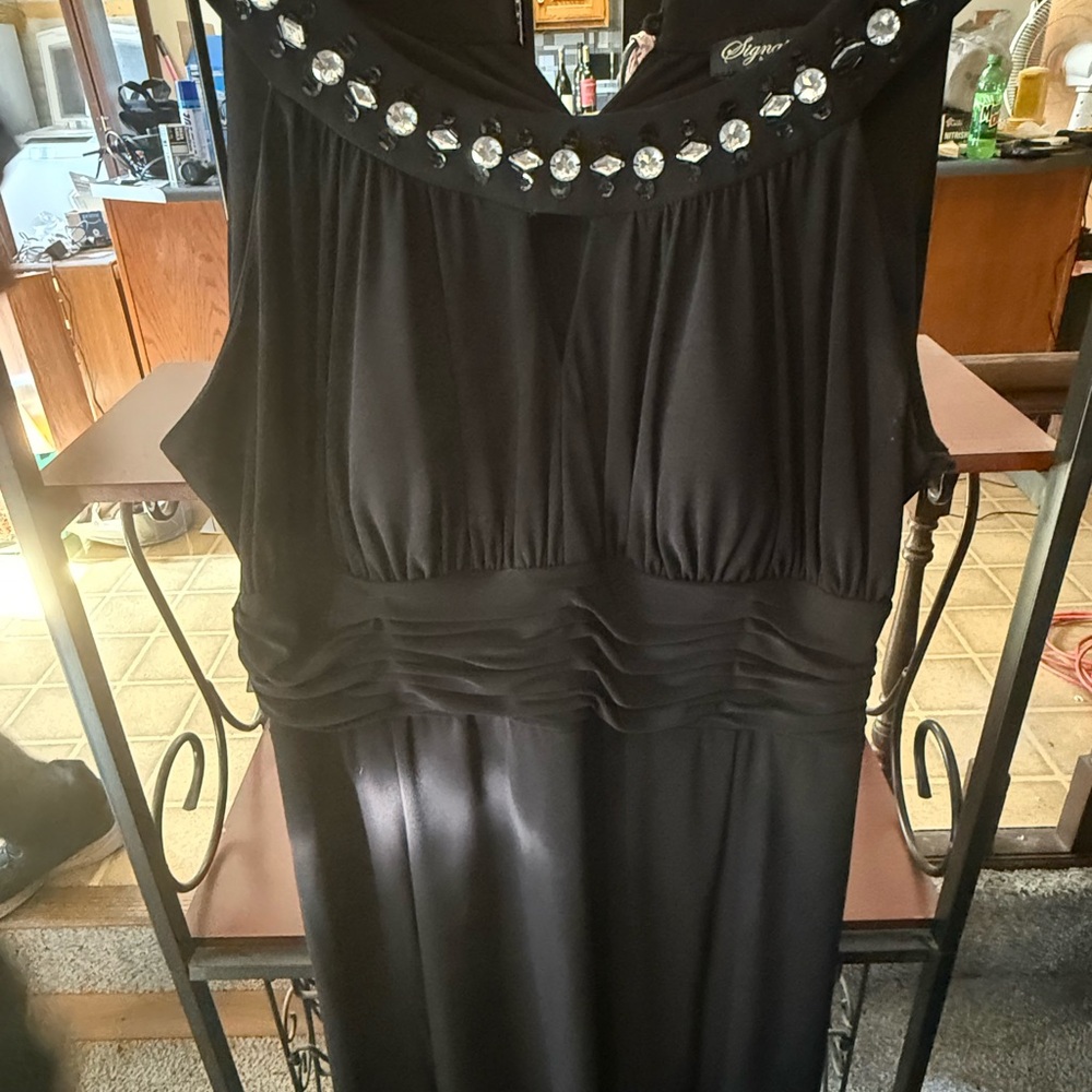 Signature Black Maxi Dress with Embellished Neckline